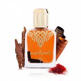 A bottle of saffron with a small piece of cinnamon, adding a touch of warmth and flavor.