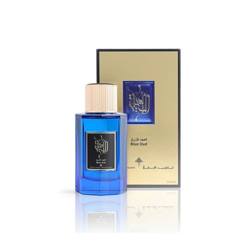 A bottle of perfume in a blue box, elegant and luxurious packaging for a fragrant gift.