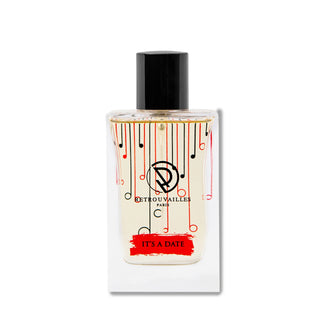 A bottle of perfume with red and white stripes on a white background.