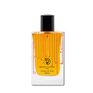 A stylish orange and black bottle of perfume.