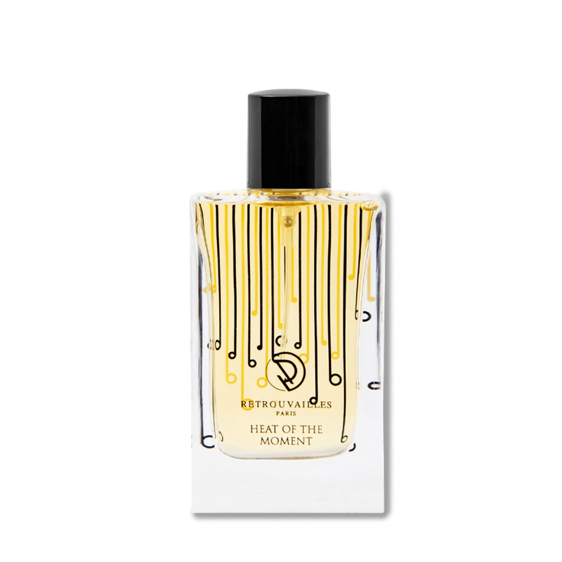 A black and white designed perfume bottle on a white background.