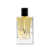 A black and white designed perfume bottle on a white background.